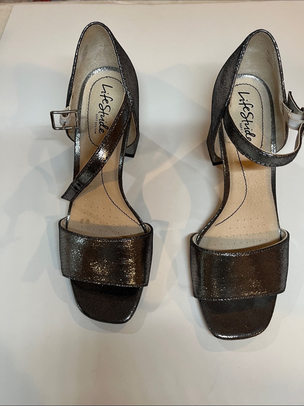 Life Stride Metallic Gunmetal Block Heel Sandals with Ankle Strap